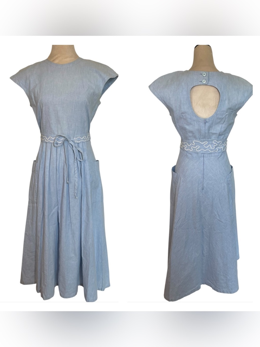 Vintage Toni Todd Powder Blue Chambray Midi Dress Keyhole Back Pockets Belt